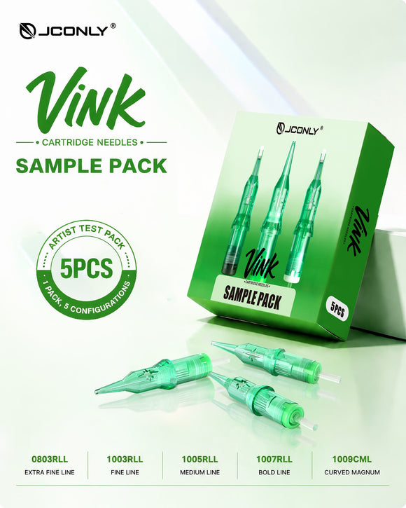 JCONLY VINK Tattoo Cartridge Mixed Sizes Sample Box features infographic showing five different needle configurations.