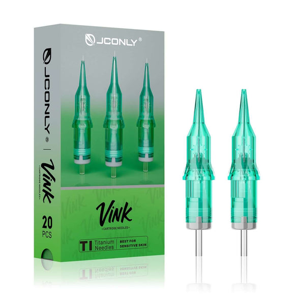 Front view of JCONLY VINK Titanium Tattoo Cartridge Needles with packaging, 20pcs per box round liner cartridge needles.